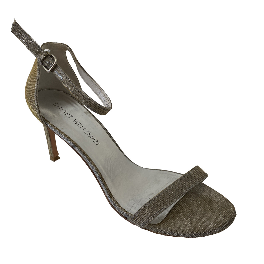 Stuart Weitzman Nudist Silver Gold Sandal Heel Open Toe Glitter Ankle Strap 10